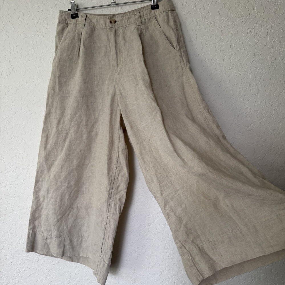 Sundance Womens 100% Linen Pants Size 4 Beige Cropped Wide Leg Pleated Front - Picture 2 of 11